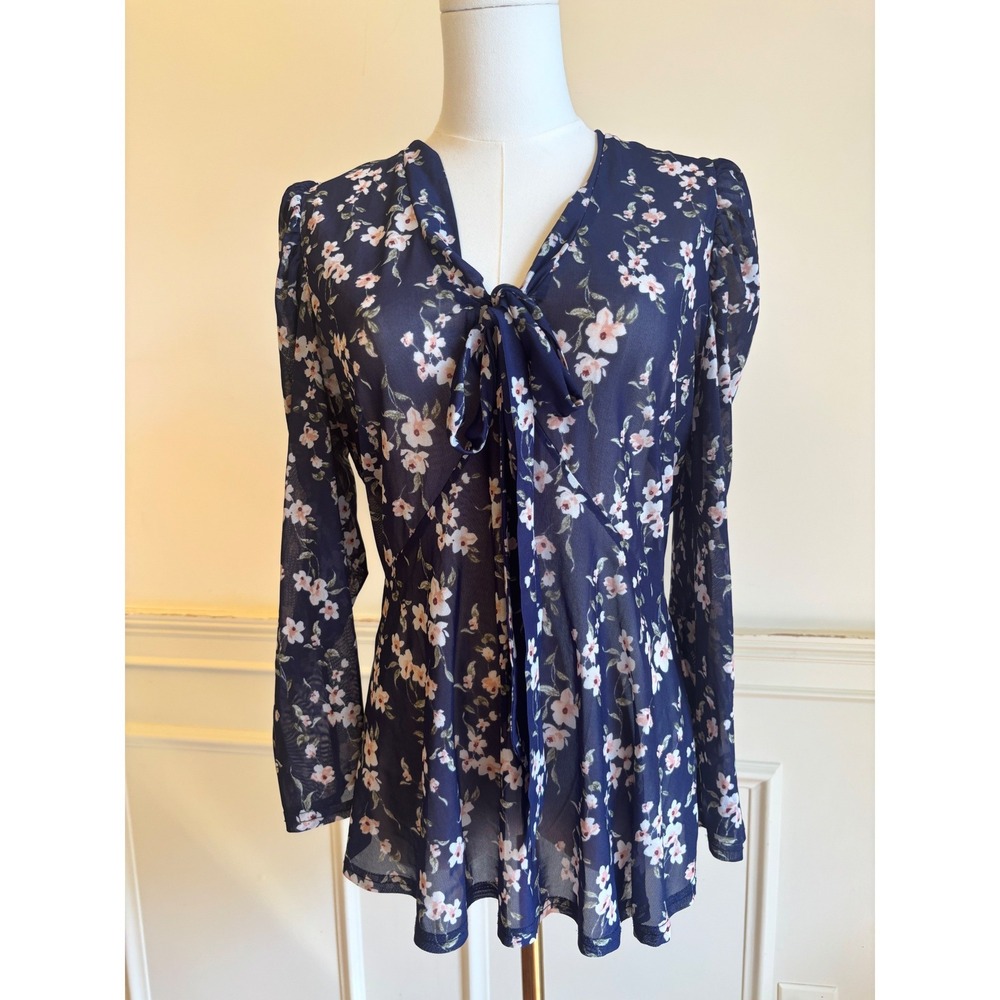 Ember Floral Mesh Top Medium Navy Blue Cottagecore Tie Neck Puff Sleeve Blouse